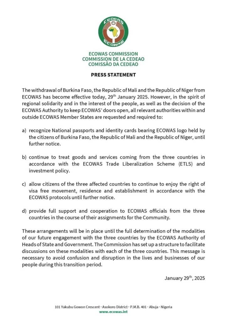 ECOWAS Officially Cuts Ties with Mali, Niger, and Burkina Faso After Military Coups